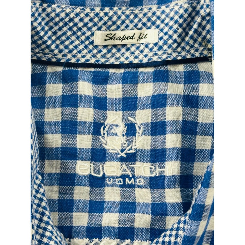 Bugatchi Uomo Shirt Men XL Blue Shaped Fit Check Gingham Linen Short Sleeve - Picture 3 of 9